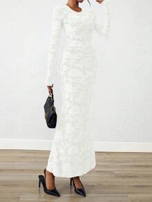 Women Elegant Floral Lace Long Sleeve Bodycon Maxi Dress Spring Fall Autumn Prom Wedding Guest Outfits - 白色 - 查看 3