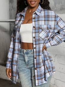 大码女式格子衬衫外套，轻薄外套衬衫，Y2K返校休闲通勤格子纽扣衬衫，休闲长袖翻领百搭衬衫，适合日常休闲、户外活动、度假穿着，四季皆宜，春季皆可穿着。 - 彩色 - 查看 3