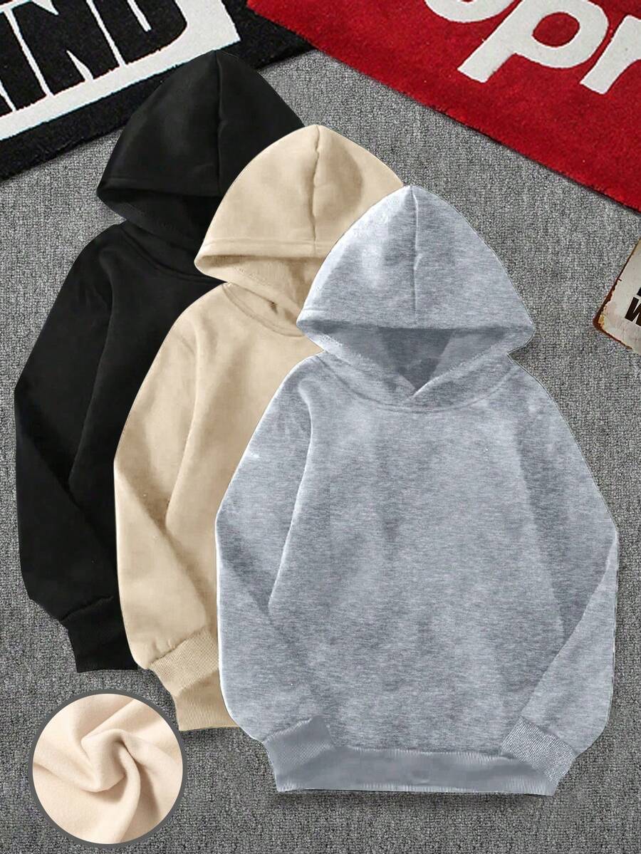 3pcs/Set Teen Boy Casual Solid Color Minimalist Pullover Hooded Sweatshirt With Pocket, Spring/Autumn - Apricot - View 1