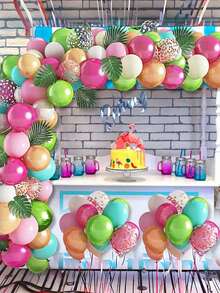 148/74件热带气球拱门套装，热带气球拱门套件，夏威夷卢奥热带火烈鸟派对装饰，亮粉色水果绿玫瑰金五彩纸屑气球棕榈叶生日婴儿派对婚礼派对用品，房间背景气球拱门套装 - 彩色 - 查看 10