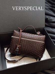 1 件女士高品质纯色 PU 压花编织格子小手提包，女士手提包带手柄，斜挎包，编织手提包，时尚简约优雅多功能经典编织 PU 材质黑色包带金属锁装饰，适合通勤、办公室、约会、日常购物、下午茶等场合 - 彩色 - 查看 3