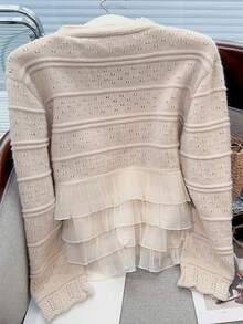 Plus Size Women's Knitted V-Neck Long-Sleeved Cardigan With Button Decoration And Ruffled Chiffon Hem, Simple And Fashionable Versatile Casual Style, Suitable For Daily Wear Cute Sweater