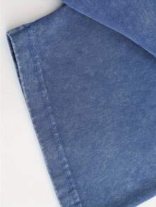 Star Pattern And "" Letter Print Men'S Summer Loose Fit Short Sleeved Washed Vintage 230g Pure Cotton Comfortable Breathable Casual Street Round Neck T-Shirt - 寶藍色 - 查看 4