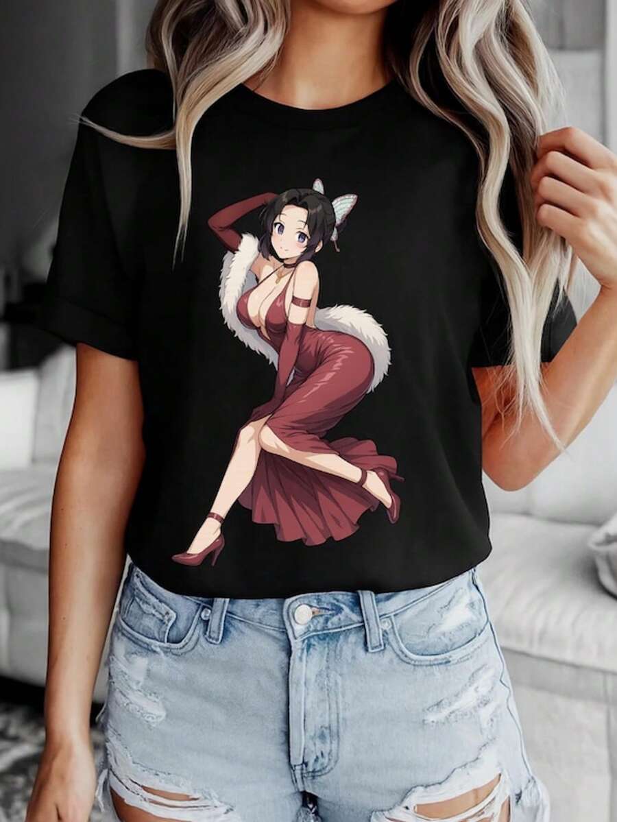 Elegant Anime Girl T-Shirt – Maroon Dress Waifu Art Tee – Sexy Anime Gift Shirt For Otaku Fans – Kaw - màu đen - Xem 1