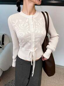 Damski kardigan w nowym stylu, w kolorze morelowym, z okrągłym dekoltem, długim rękawem, ściągaczem u dołu i guzikami, szydełkowany, z teksturą, modny i elegancki, prosty, sportowy, rekreacyjny, lekki, dzianinowy top Y2K, na jesień i zimę