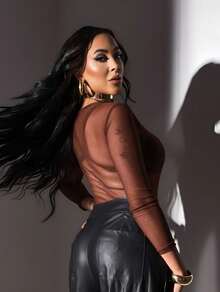 Women's Transparent Style Bodysuit Sensual Look In Plain Tulle High Neck Perfect Look For A Night Out Party - Rust Brown - View 2