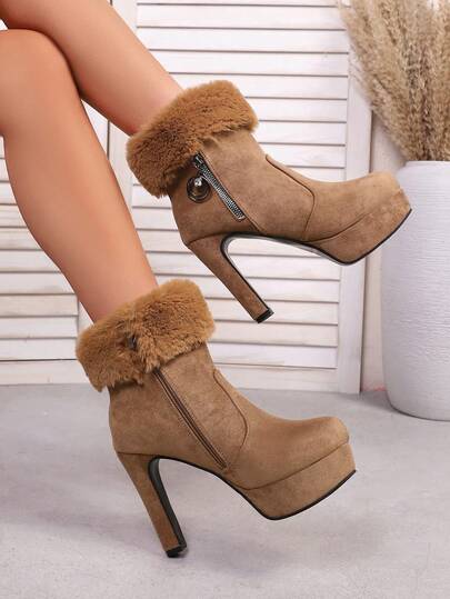 Women's High Heel Ankle Boots, Waterproof Platform Ankle Boots, Solid Color Nightclub Style Faux Fur Side Zipper Fashion Ankle Boots For Party, Autumn/Winter