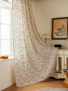 1pc Rustic Floral Curtain, Rectangular With Tassels Decor, Semi-Sheer Pole Top Curtain, Suitable For Bedroom, Living Room, Kitchen, Balcony, Patio, Study, Dining Room, Room Divider, Indoor Home Decor, All Season