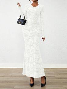 Women Elegant Floral Lace Long Sleeve Bodycon Maxi Dress Spring Fall Autumn Prom Wedding Guest Outfits - 白色 - 查看 1