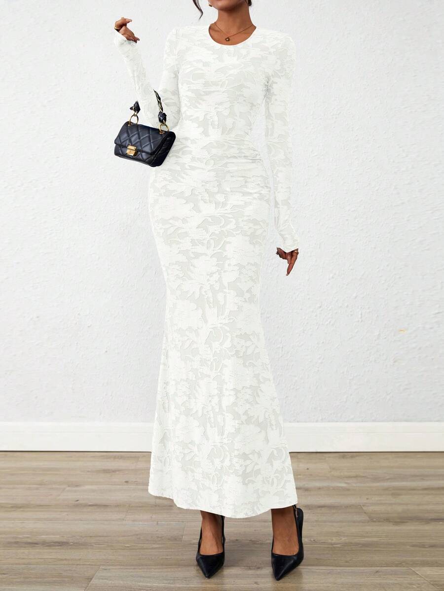 Women Elegant Floral Lace Long Sleeve Bodycon Maxi Dress Spring Fall Autumn Prom Wedding Guest Outfits - 白色 - 查看 1
