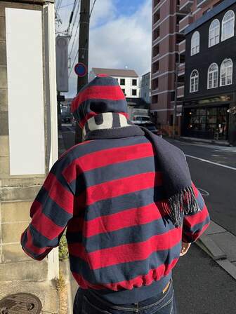 男士连帽卫衣，条纹拼色，抽绳口袋，休闲学院风，春秋季