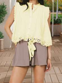 Blusas de verano con botones para mujer, casuales y elegantes, con detalles de ojales, de corte holgado y sin mangas - Amarillo - Ver 4