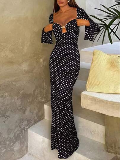 Women's Elegant Commuter Casual Versatile Long Sleeve Flare Sleeve Black & White Classic Polka Dot Print Square Neck Gold Shell Button Decor Bodycon Maxi Dress, Suitable For Spring Outing, Beach, Halloween, Christmas Eve, Christmas, Chinese New Year, Hanging Out, Gathering With Friends, Shopping, Entertainment, Work, Etc. Basic Jacket Fabric Is Comfortable, Stylish Design, High Cost-Performance, Suitable For Autumn/Winter Wear