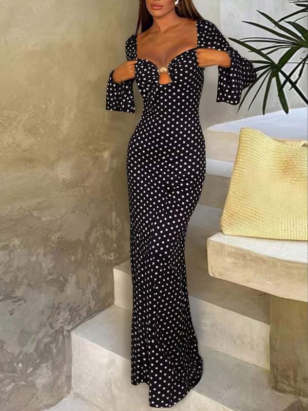 Damen elegantes Pendler-, Lässig-, vielseitiges Langarm-Glockenärmel-Kleid mit klassischem Schwarz-Weiß-Punktemuster, quadratischem Ausschnitt und goldfarbener Muschelknopf-Verzierung, körperbetont mit ausgestelltem Saum, geeignet für Halloween, Heiligabend, Weihnachten, Frühlingsfest, Ausflüge, Treffen mit Freunden, Einkaufen, Unterhaltung, Arbeit usw. Grundjacken-Stoff ist bequem, stilvolles Design, hohe Preis-Leistungs-Qualität, geeignet für Herbst/Winter-Tragen