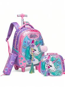 3pcs/Set Girls Rolling Backpack With Lunch Bag And Pencil Case, Lightweight Wheeled School Bag Suitable For Girls