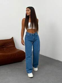 Kadın Koyu Mavi Soluk Efekt Likralı Yüksek Bel Geniş Paça Bol,Salaş Palazzo Jeans - 藍色 - 查看 5