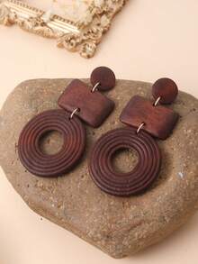 Pendientes largos de madera natural con diseño geométrico al estilo occidental para mujeres, perfectos para vacaciones en la playa, fiestas, viajes, festivales, uso diario y como regalo - Café integral - Ver 6