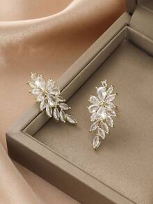 1pair Luxury Flower Cubic Dangle Earrings For Women Bridal Wedding Jewelry Gift For Female Girlfriend Valentine's Day Accessories - Golden - View 4