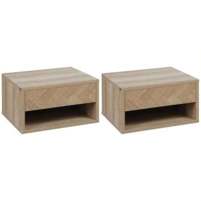 2 Pieces Bedside Table Wall Mounted Nightstand With Drawer And Shelf Bedroom, 37x 32x 21cm, Natural