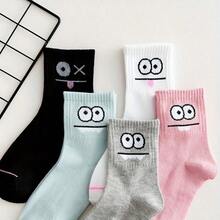 5 Pairs Women's Character Face Print Socks - Features Whimsical Eyes, Nose And Mouth Designs, Soft Pastel Hues, Breathable Mid-Calf Construction For Spring/Autumn Wear
