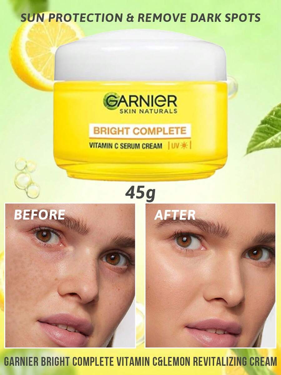Kem dưỡng da Garnier Bright Complete Vitamin C & Chanh Revitalizing Cream, Làm mờ vết thâm, Chống nắng, Loại bỏ vết thâm, Làm sáng, Chống lão hóa, Chống oxy hóa, Chống tia UV, Kết cấu tươi mới, Dưỡng ẩm, Không nhờn, Dễ thẩm thấu, Phục hồi, Làm trắng, Dành cho mọi loại da, Lý tưởng để sử dụng hàng ngày - 45g - Xem 1