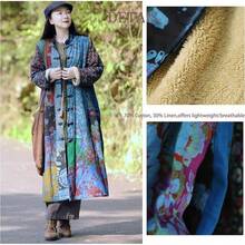 LUZU JUNU Women's Trench Coat Floral Print Long Cotton Linen Jacke Cottagecore Clothing Patchwork Outwear Bohemian Unique - 藍色毛絨襯裡 - 查看 3