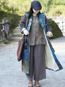 LUZU JUNU Women's Trench Coat Floral Print Long Cotton Linen Jacke Cottagecore Clothing Patchwork Outwear Bohemian Unique - 藍色毛絨襯裡 - 查看 8
