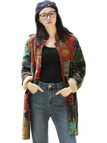 LUZU JUNU Women's Trench Coat Floral Print Long Cotton Linen Jacke Cottagecore Clothing Patchwork Outwear Bohemian Unique - 綠色夾克毛絨襯裡 - 查看 2