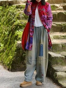 LUZU JUNU Women's Trench Coat Floral Print Long Cotton Linen Jacke Cottagecore Clothing Patchwork Outwear Bohemian Unique - 玫瑰夾克 - 查看 4