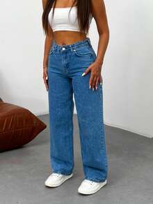 Kadın Koyu Mavi Soluk Efekt Likralı Yüksek Bel Geniş Paça Bol,Salaş Palazzo Jeans - 藍色 - 查看 2