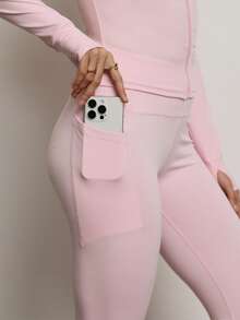 PinkTip Pink Tip Women's Solid Color Seamless Elastic Jacket & Leggings Sports Set, Butt Lifting Slim-Fit Soft Pants, Casual Sportswear For Daily, Fitness, Workout, Running, Yoga, Pilates Spring - 粉色 - 查看 9