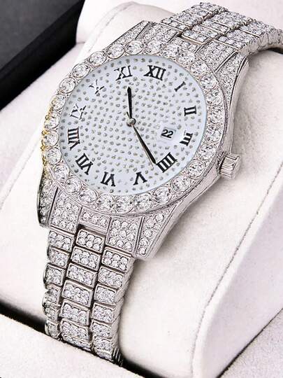 1 pieza Reloj de acero con esfera de números romanos y diamantes completos, cuarzo, para hombres, adecuado para uso diario, regalo de cumpleaños, aniversario, promoción de fin de año, Día del Soltero, promoción de Halloween, sin caja de regalo