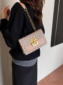 复古花卉图案女士单肩包，配有链条肩带，时尚女士方形翻盖包，经典设计（金色调锁，百搭花卉面料，适合优雅女士） - 卡其色 - 查看 3