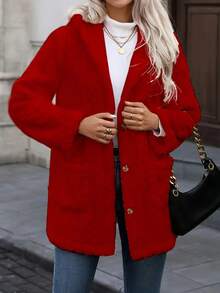 Long Solid Color Diamond Pattern Front Button Pocket Hooded Cardigan, Everyday Winter - Red - View 3