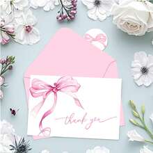 24 piezas Tarjeta de agradecimiento de lazo rosa, set con sobre y tarjeta de felicitación, tarjeta de nota en blanco para Día de San Valentín, cumpleaños, boda (12 sobres y 12 tarjetas de felicitación) - rosa - Ver 1