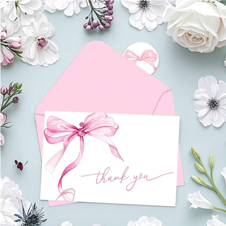 24 piezas Tarjeta de agradecimiento de lazo rosa, set con sobre y tarjeta de felicitación, tarjeta de nota en blanco para Día de San Valentín, cumpleaños, boda (12 sobres y 12 tarjetas de felicitación) - rosa - Ver 1