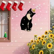 1pc Vintage Tailcoat Cat Metal Wall Art - Rustic Iron Christmas Decor With Black & White Cat And Green Leaves, Rust-Resistant Kitchen Hanging Ornament, Unique Gift For Collectors, Perfect For Christmas Home Decor Christmas Decorations Room Decor