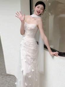 1 件优雅长款白色摄影旅行和婚礼摄影披肩围巾，新娘面纱配饰，适合万圣节、正式场合、圣诞秋季女士服装