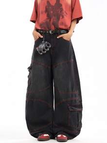 1 chiếc quần jeans denim rách phong cách đường phố Mỹ cổ điển của Justice Brother, quần ống rộng thoải mái, nhiều túi, phù hợp cho mọi mùa - màu đen - Xem 4