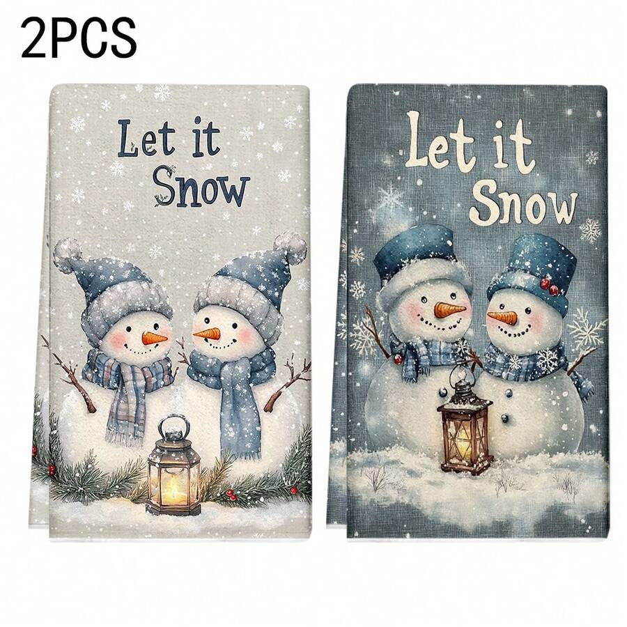 1 set/2 piezas/100 piezas Paños de cocina y paños de platos con diseño de muñecos de nieve con linternas y ramas de pino, adecuados para decoración de interiores en restaurantes, cocinas y baños, decoración de fiestas, regalos festivos, como regalo