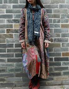 LUZU JUNU Women's Trench Coat Floral Print Long Cotton Linen Jacke Cottagecore Clothing Patchwork Outwear Bohemian Unique - 復古灰 - 查看 5