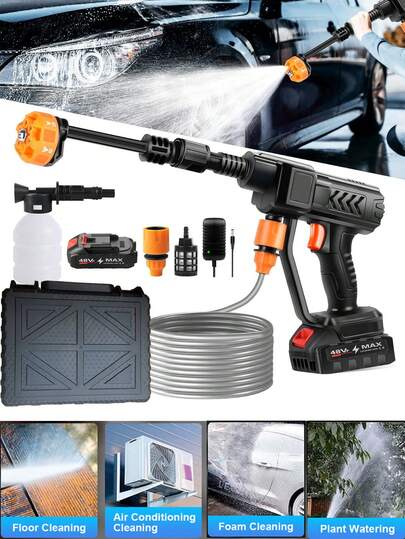 Lavadora de alta pressão sem fio, lavadora elétrica portátil, pistola de lavagem de carro de alta pressão portátil com pulverizador de espuma, com bateria recarregável de 6,0 Ah, mangueira de 5 metros, pressão de 1,2 MPa, para limpeza e irrigação de carros, pisos e jardins
