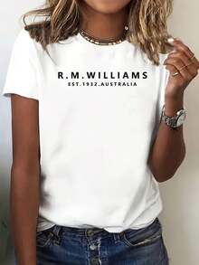 Women'S Casual Short Sleeve T-Shirt With R.M. Williams Australia Letter Print - Crew Neck, Breathable Stretch Fabric, All-Season Comfort, Sizes S-XXL, Casual Wear|Casual Style|Stretchy Fabric - trắng - Xem 2
