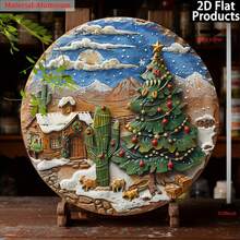 2D Flat, 1pc Vintage Southwestern Christmas Tree Decor Plaque - Heavy Duty Iron Metal Wall Art, With Snowhouse, Cactus, Desert Landscape - Southwestern Winter Scene - 20x20cm Round Indoor/Outdoor Holiday Decoration, Suitable For Home, Office, Porch - No Wiring Needed - Pre-Drilled Holes, Easy To Hang - Perfect Housewarming, Wedding, Birthday Gift - Southwestern Christmas Decor Sign, Christmas Iron Sign Plaque With Random Hole Style