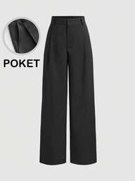 Vela Rue Hook & Zip Closure Slim Fit Solid Black Dress Pants, Wide Leg Flattering Trousers, Suitable For All Seasons