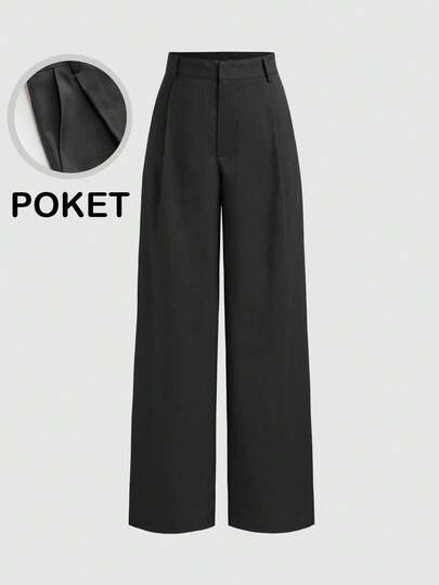 Vela Rue Hook & Zip Closure Slim Fit Solid Black Dress Pants, Wide Leg Flattering Trousers, Suitable For All Seasons