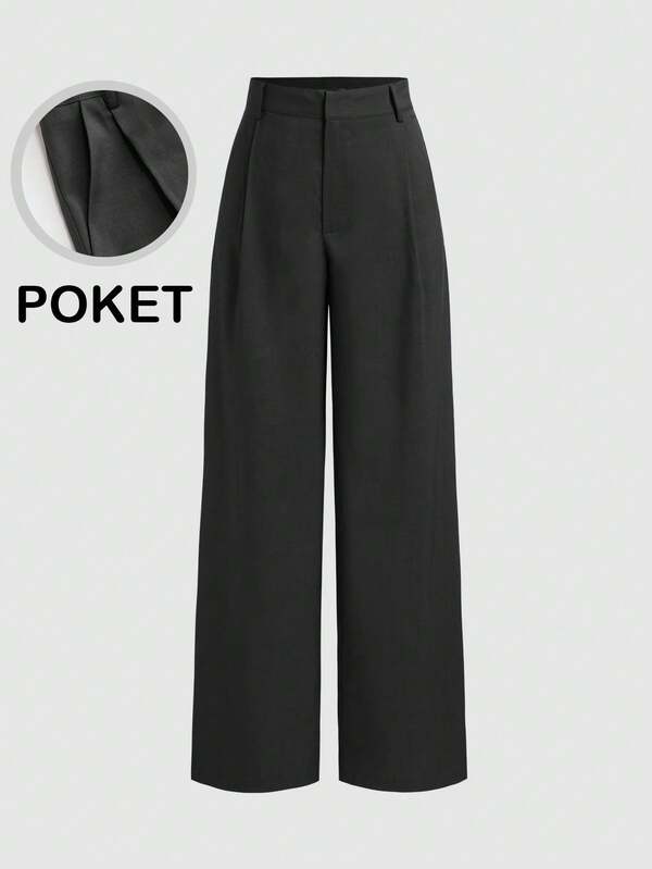 Vela Rue Hook & Zip Closure Slim Fit Solid Black Dress Pants, Wide Leg Flattering Trousers, Suitable For All Seasons