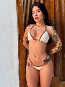 Cream And Smooth Brown Thong Bikini Set - 奶油色 - 查看 1