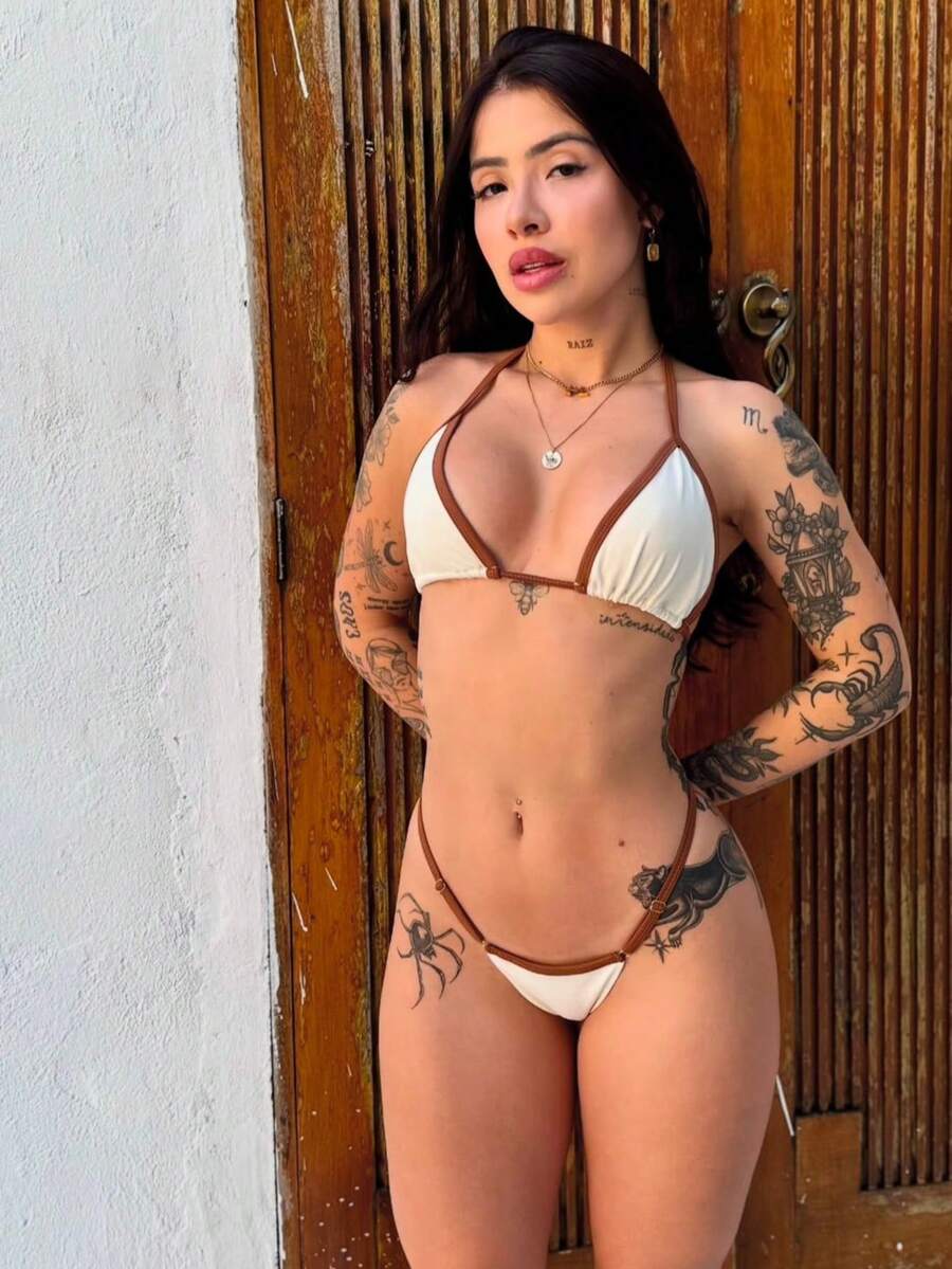 Cream And Smooth Brown Thong Bikini Set - 奶油色 - 查看 1