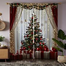 2 piezas Cortinas con estampado de árbol de Navidad - Cortinas de poliéster con estampado digital y ojales, adecuadas para sala de estar, dormitorio, cocina y decoración navideña del hogar, decoraciones navideñas, decoración de habitación - Multicolor - Ver 7